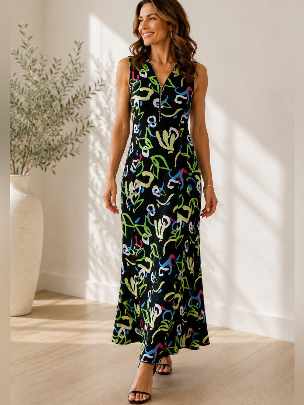 Frank Lyman Montréal Abstract Print Zip Front Midi Dress Size 8 Made in Canada